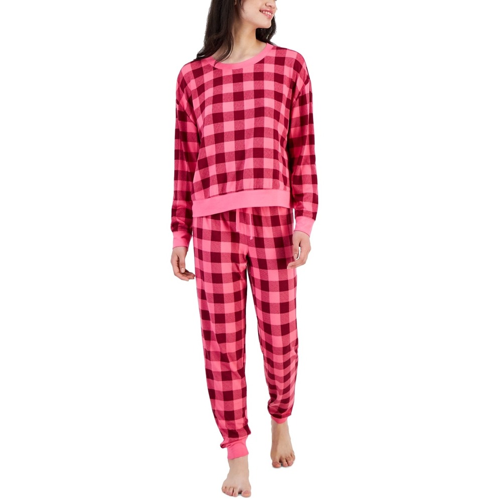 Jenni Women's 2-Pc Long-Sleeve Pajamas Set - Pink Buffalo Check - Size XS
